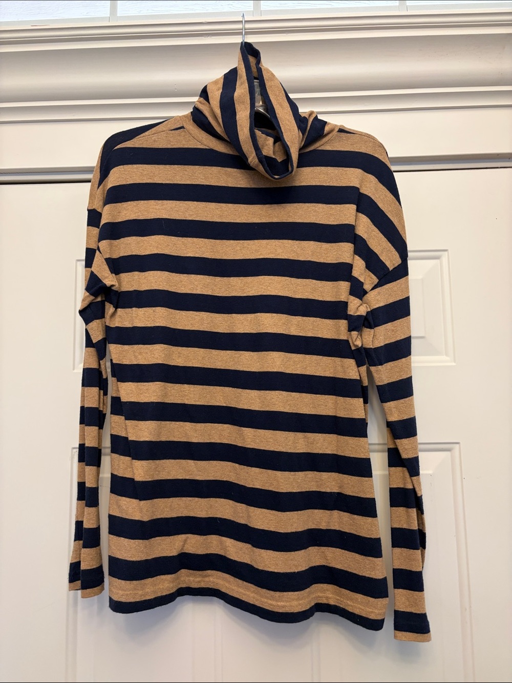 J. Crew Striped Turtleneck Sweater in Tan and Navy
